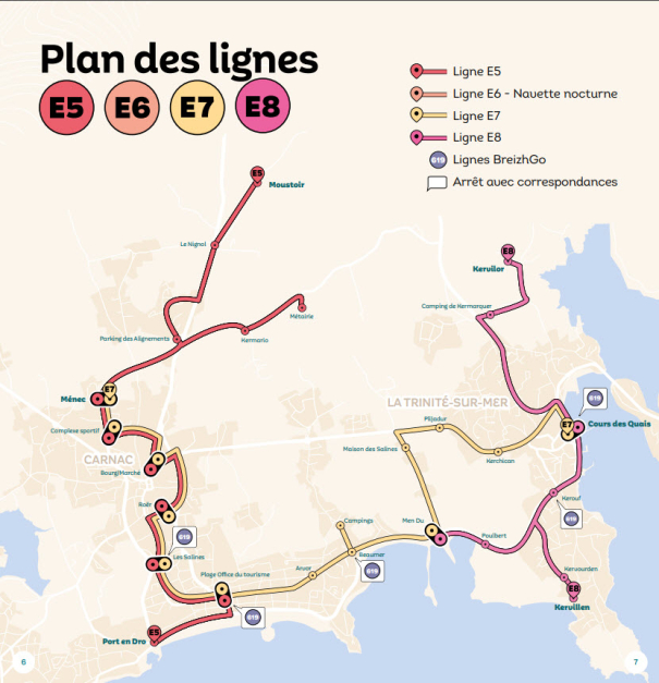 lijnenplan pendelbussen Carnac - La Trinite-sur-Mer